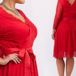A-line red lace midi dress